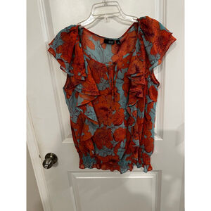 Women's a.n.a Orange Teal Floral Ruffle Blouse XL